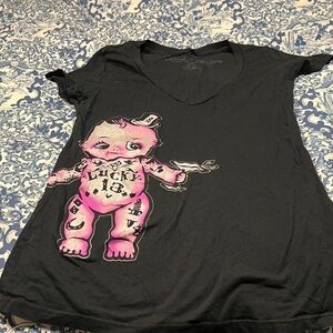 Lucky Brand Black V-Neck Tee with Pink Kewpie Doll Graphic